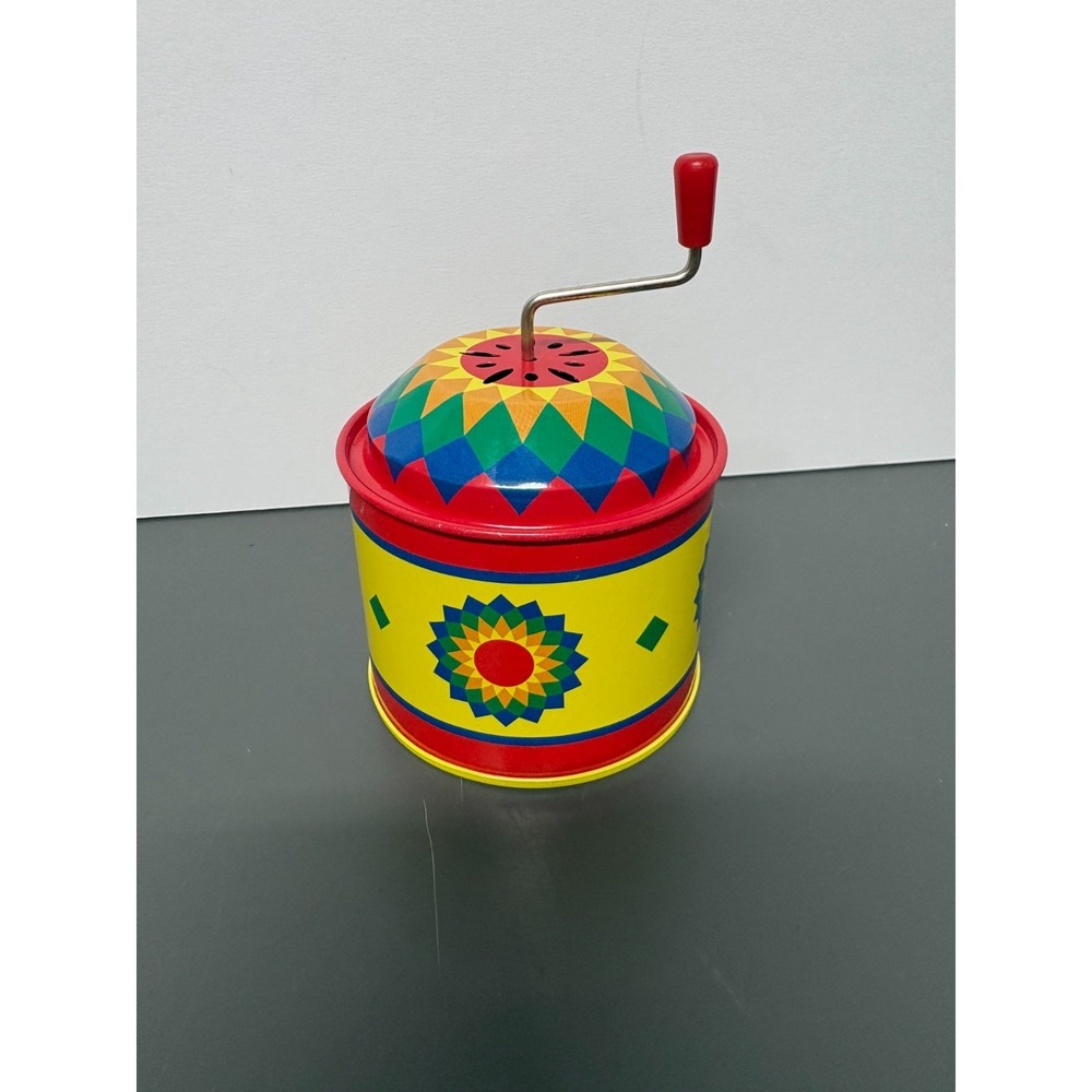 Used 2007 Vintage Schylling Tin Music Box Round Kaleidoscope Pattern 4.5"‎ Tall